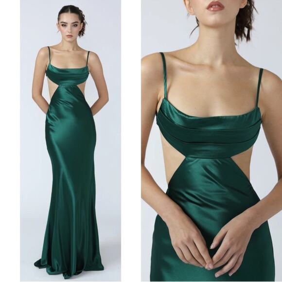 Sau Lee Paula Cutout Open Back Satin Emerald Green Maxi Dress Size 2 - Picture 2 of 10